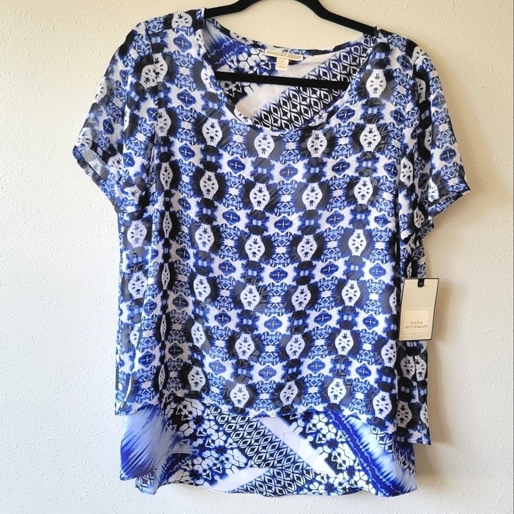 DANA BUCHMAN NWT Blue Shibori Tie Dye Chiffon Top Scarf Hem Modern Abstract  L